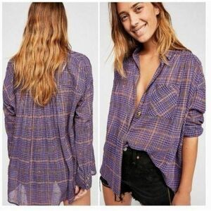 NEW Free People Break My Stride Plaid Oversized Tunic Button Up Shirt, Sz XS